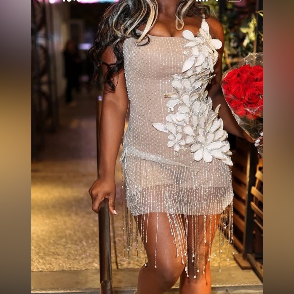 Beaded Fringe Mini Dress in Silver